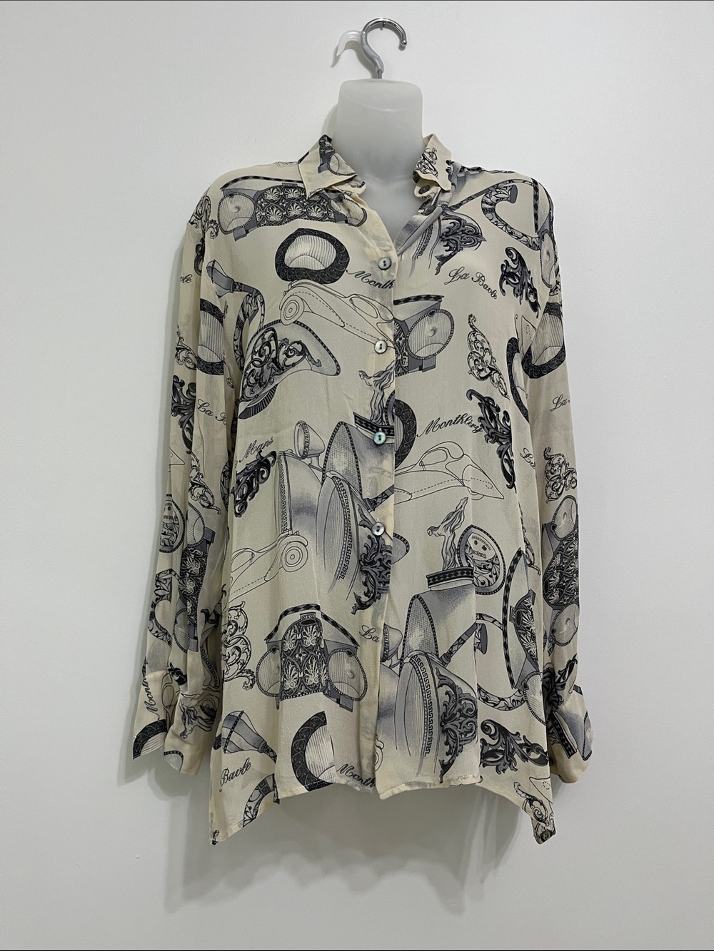 Women's Cream Silk Racing Patterned Button-Up Blouse